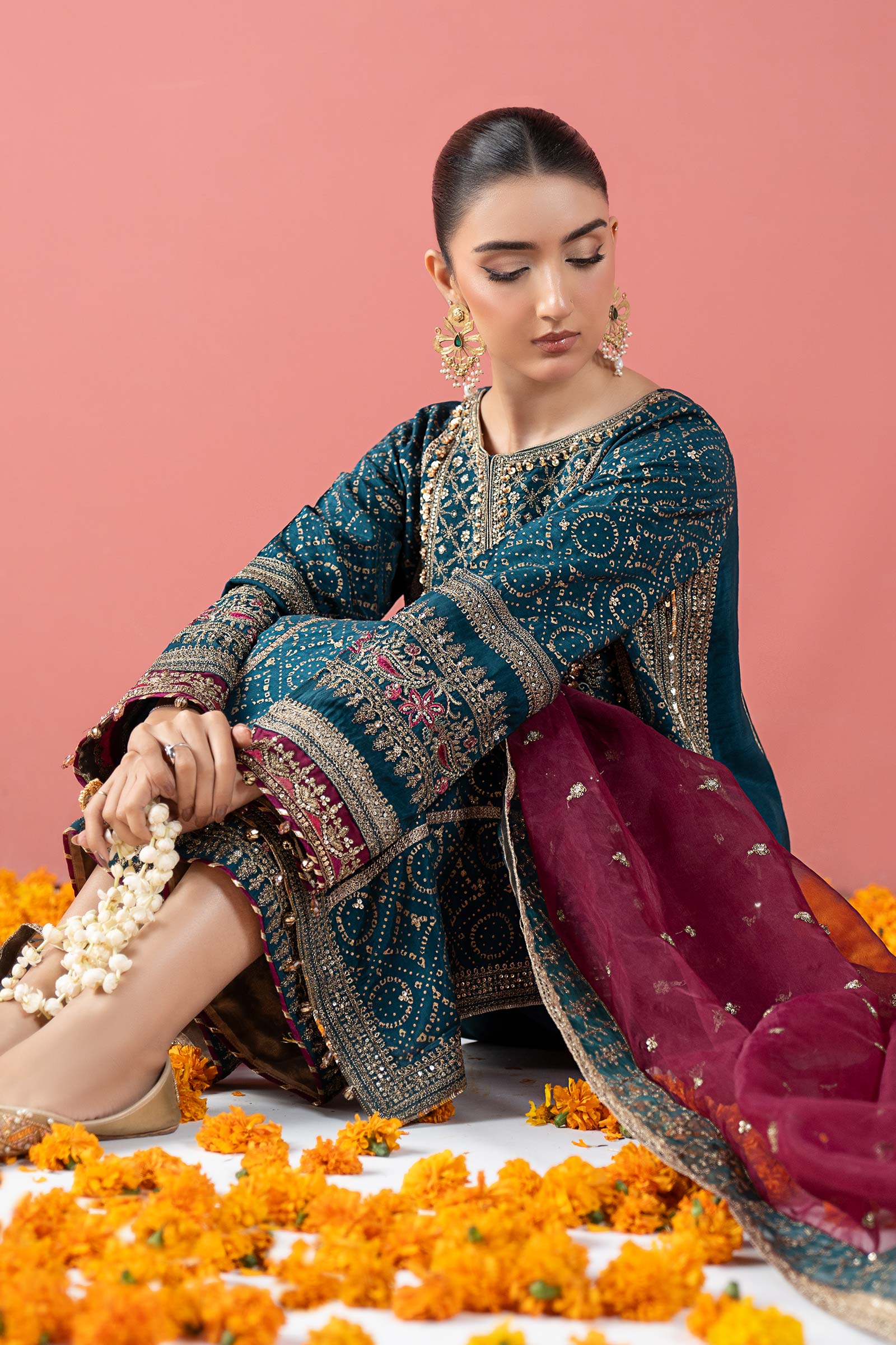 3 Piece Embroidered Raw Silk Suit