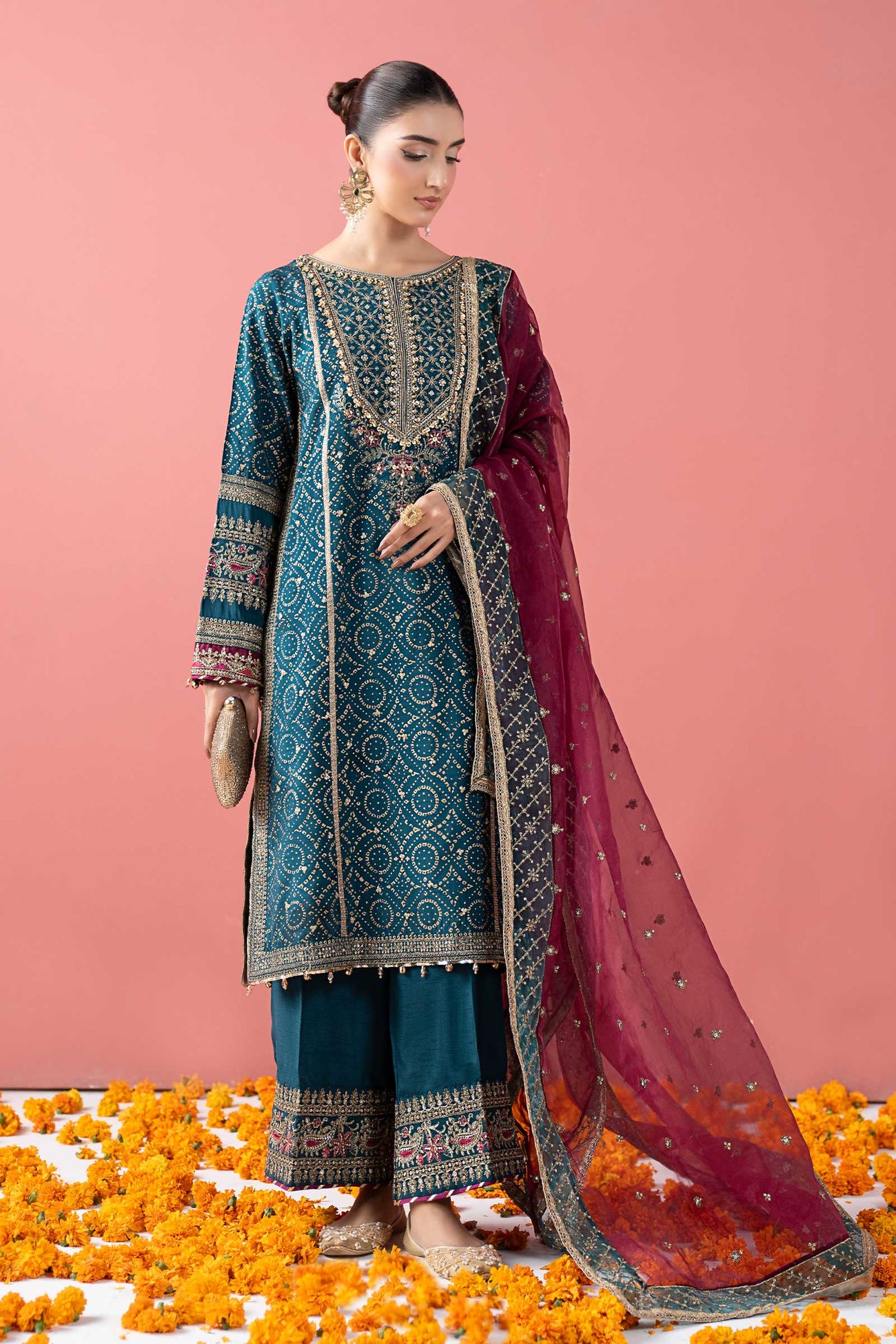 3 Piece Embroidered Raw Silk Suit