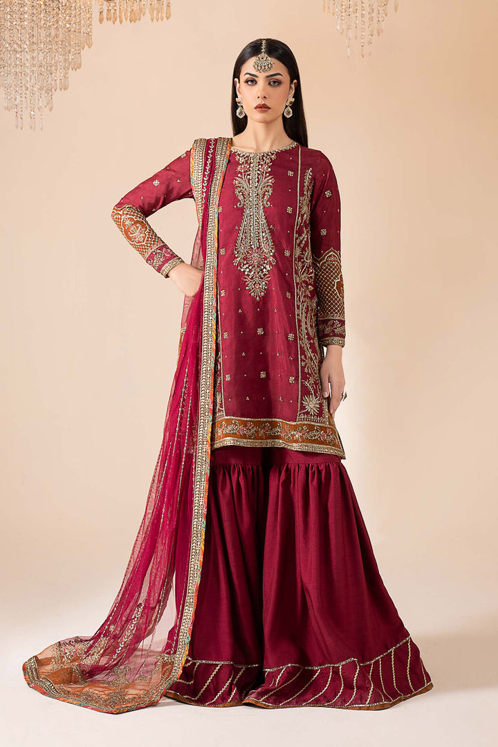 3 Piece Embroidered Raw Silk Suit All Products SFW2510-ESM-PNK