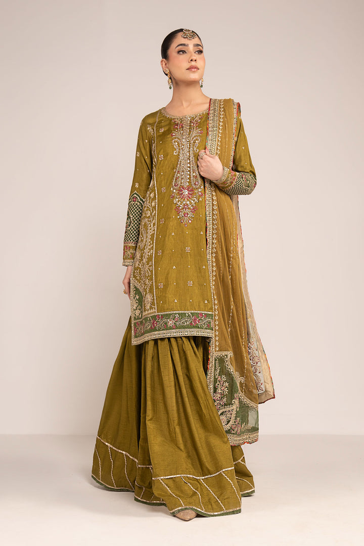 3 Piece Embroidered Raw Silk Suit All Products SFW2510-ESM-OGN