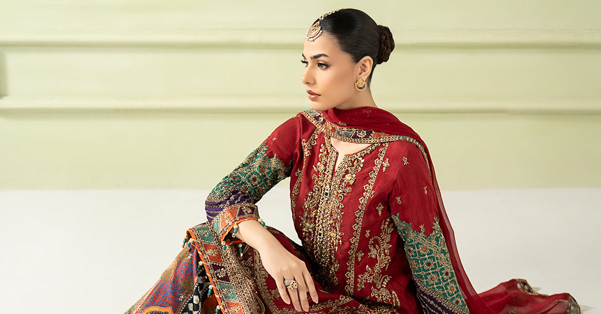 3 Piece Embroidered Raw Silk Suit