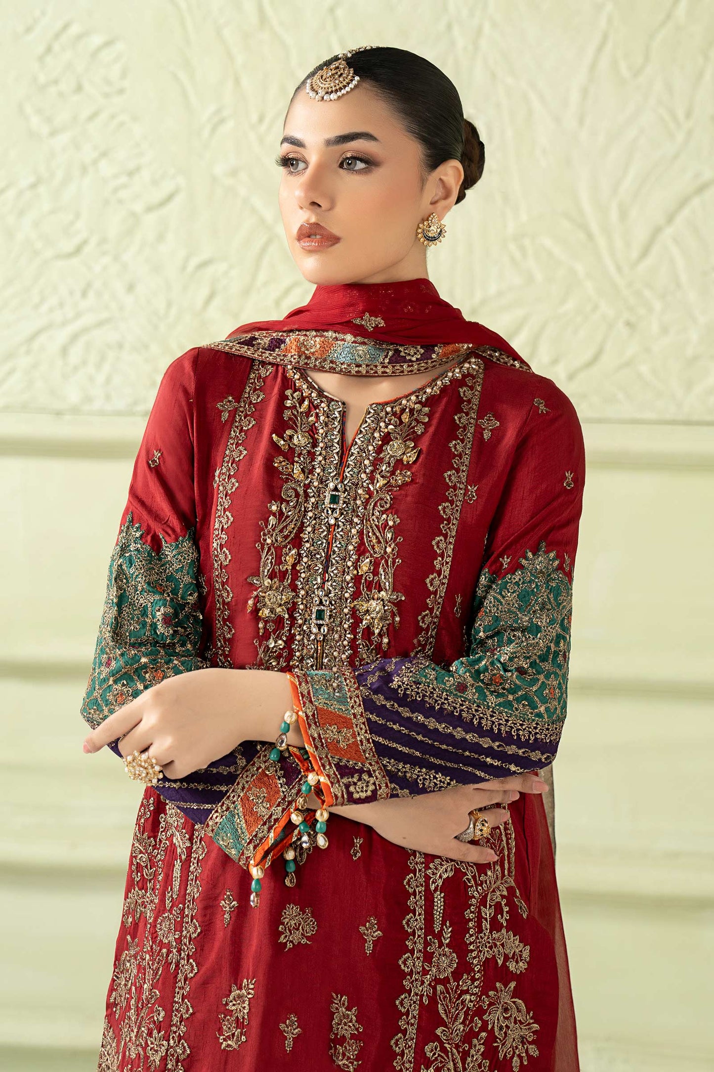 3 Piece Embroidered Raw Silk Suit