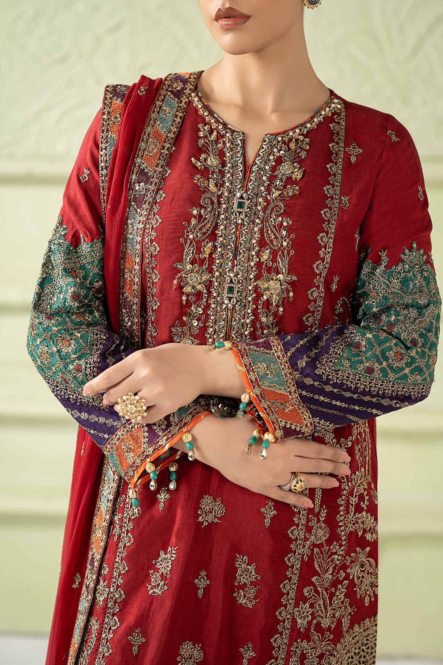 3 Piece Embroidered Raw Silk Suit