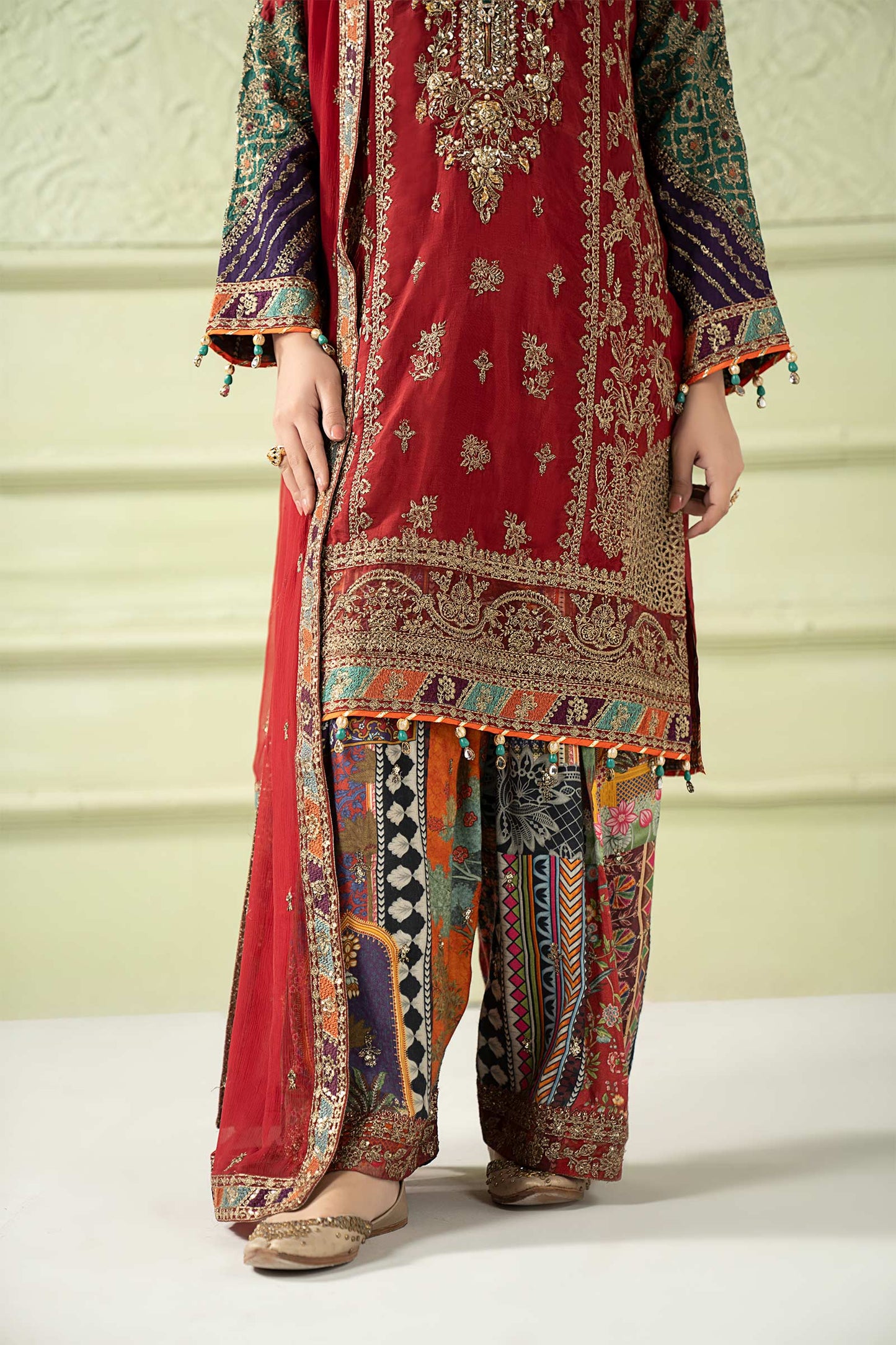 3 Piece Embroidered Raw Silk Suit