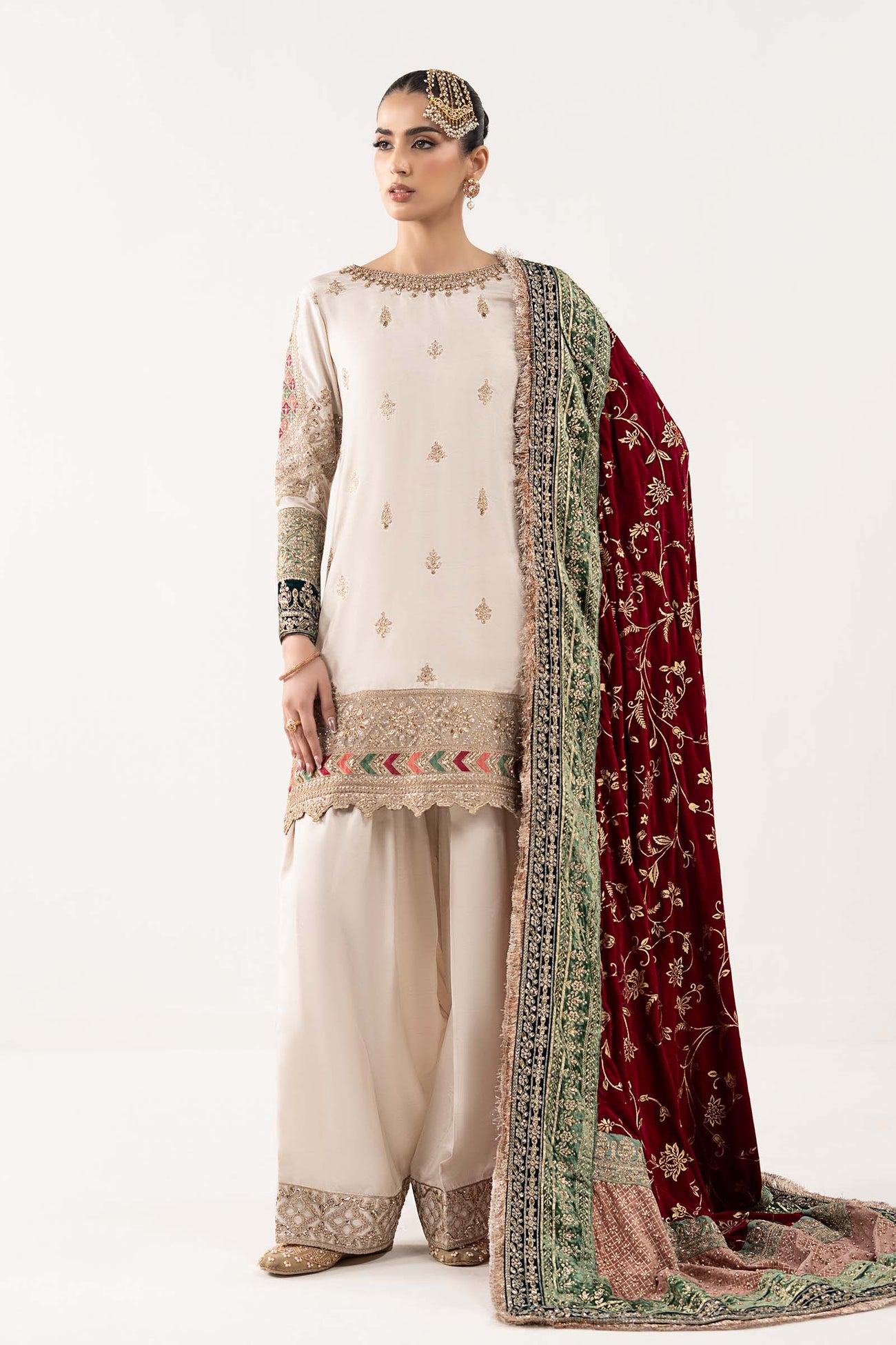 3 Piece Embroidered Raw Silk Suit