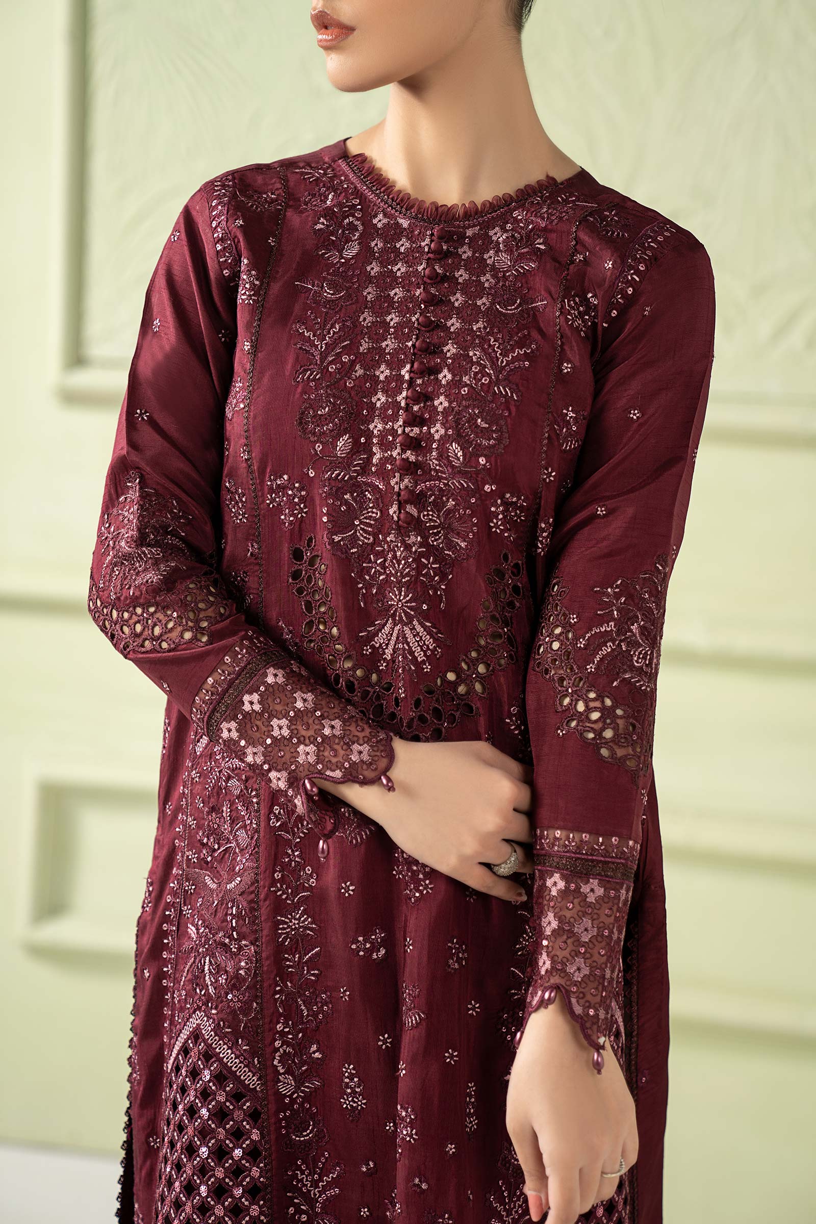 3 Piece Embroidered Raw Silk Suit