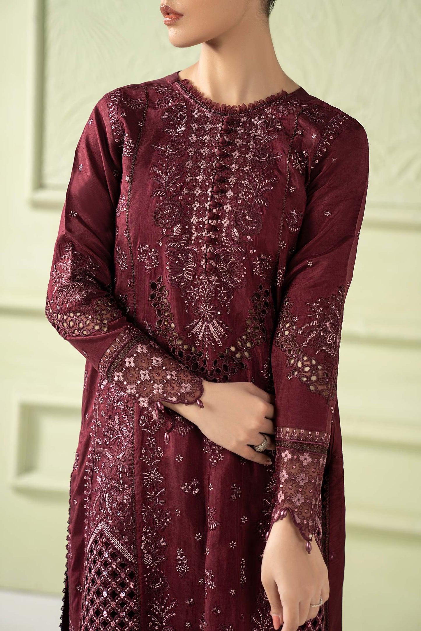3 Piece Embroidered Raw Silk Suit