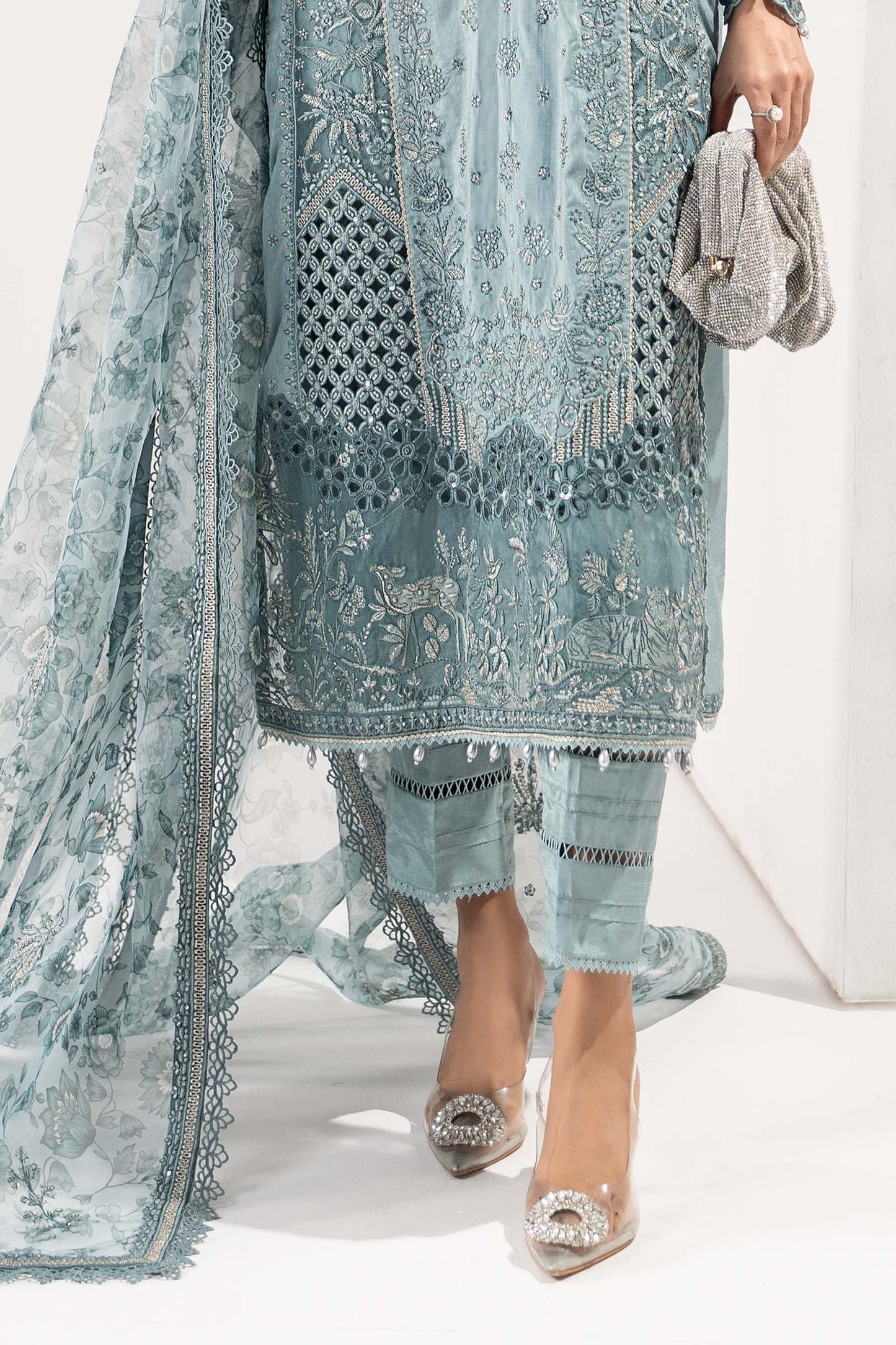 3 Piece Embroidered Raw Silk Suit