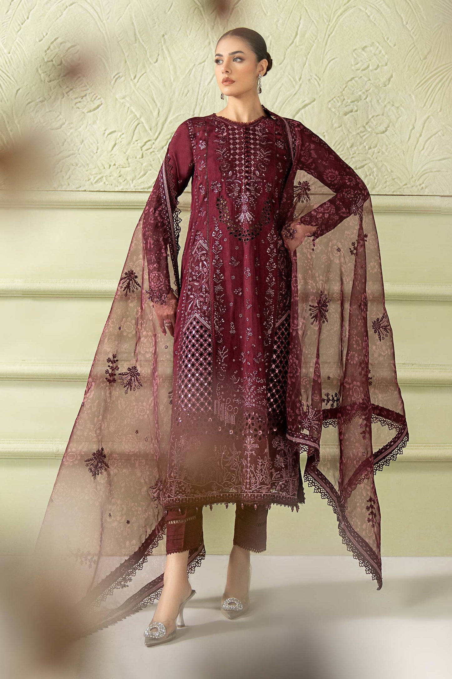 3 Piece Embroidered Raw Silk Suit