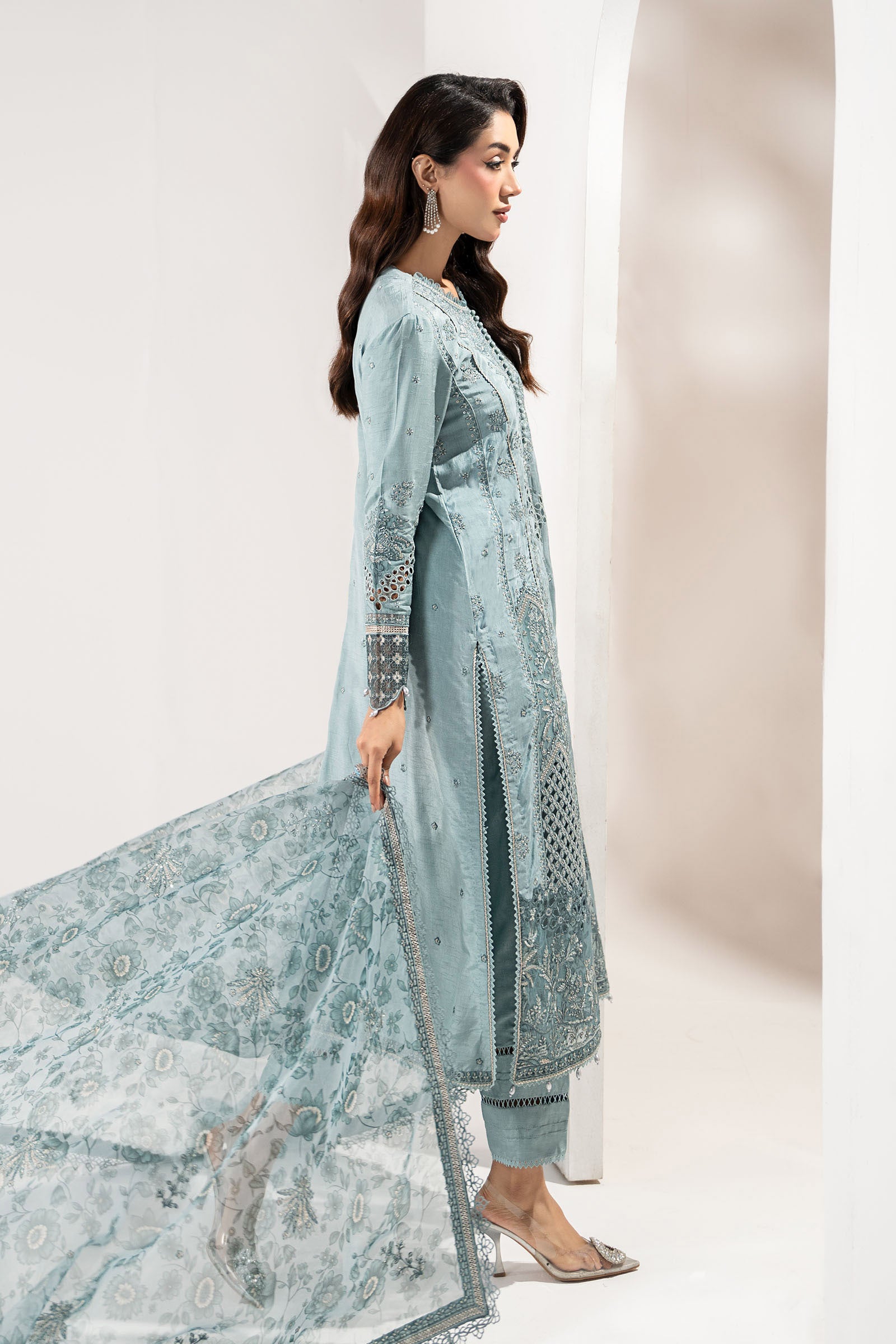 3 Piece Embroidered Raw Silk Suit
