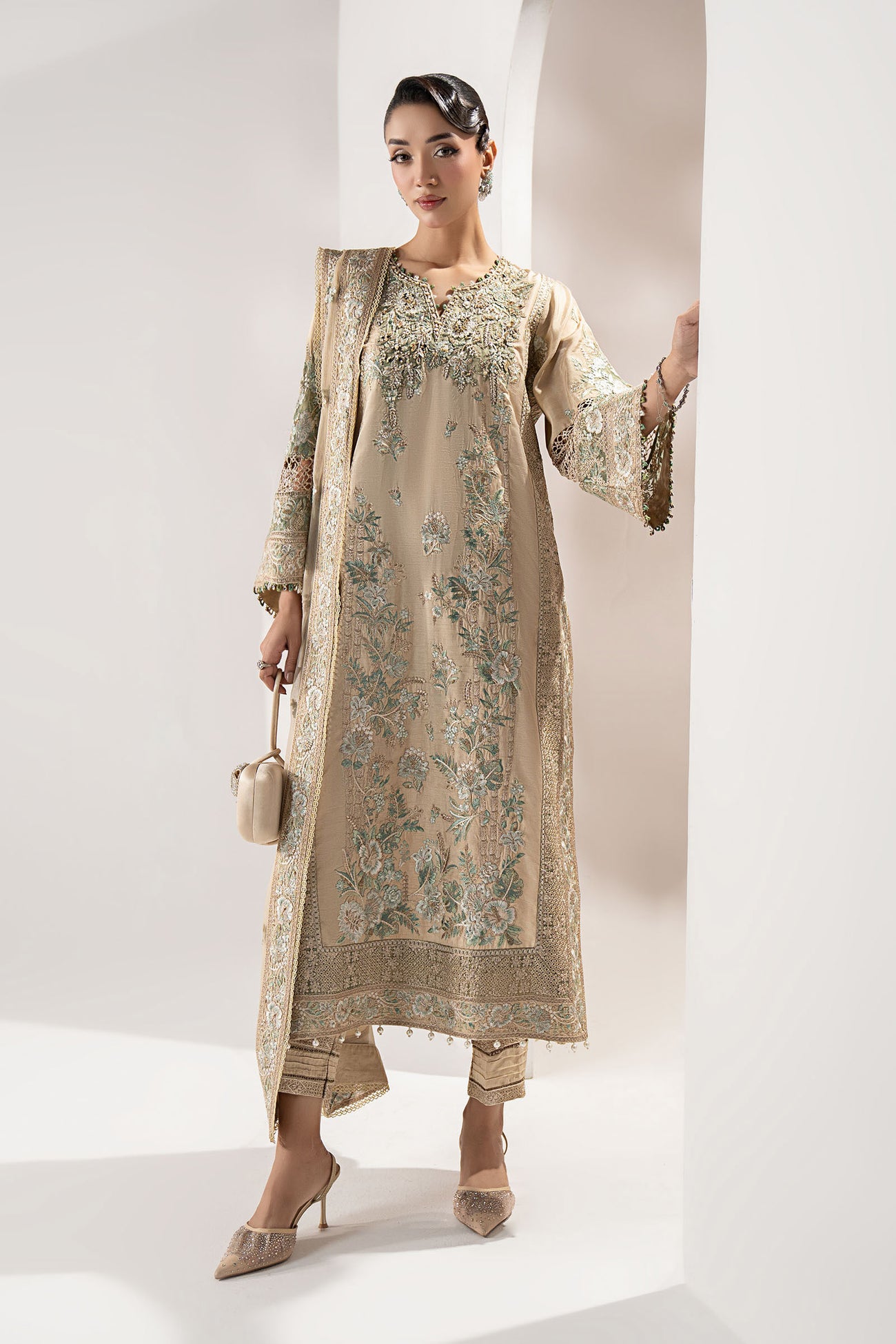 3 Piece Embroidered Raw Silk Suit
