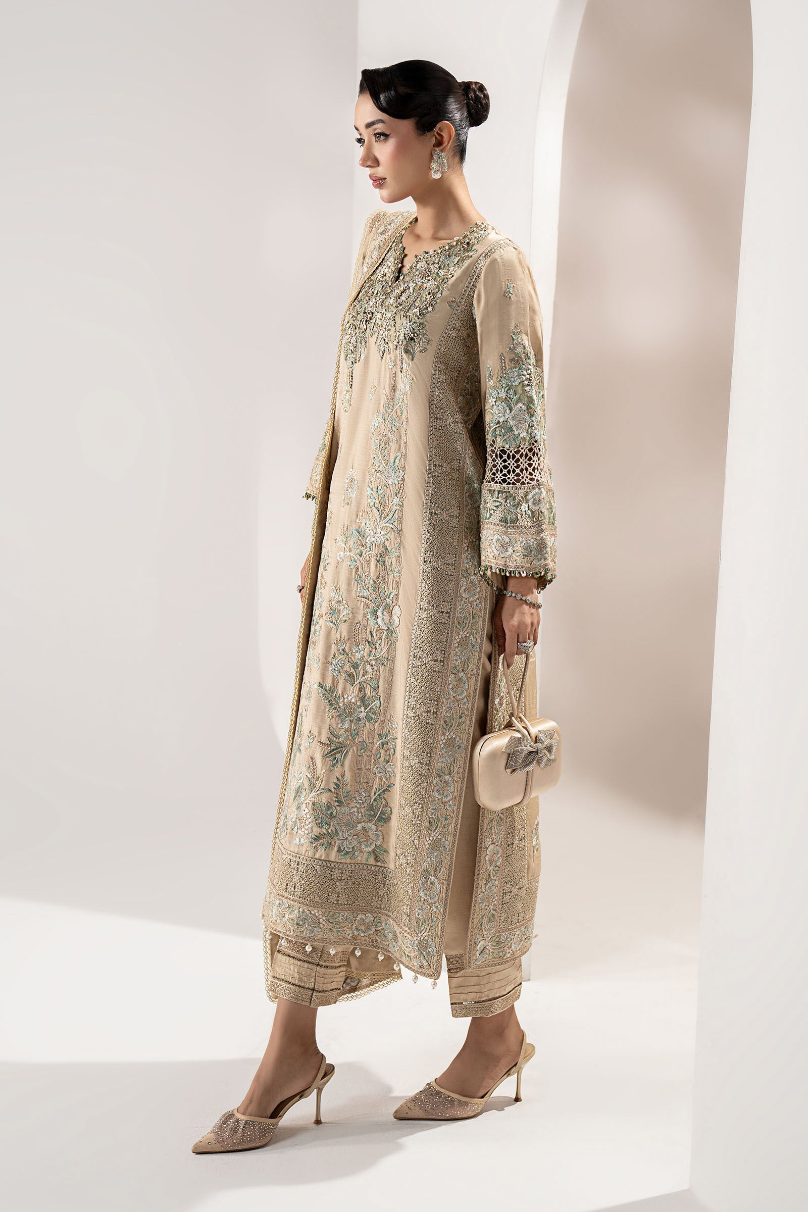 3 Piece Embroidered Raw Silk Suit