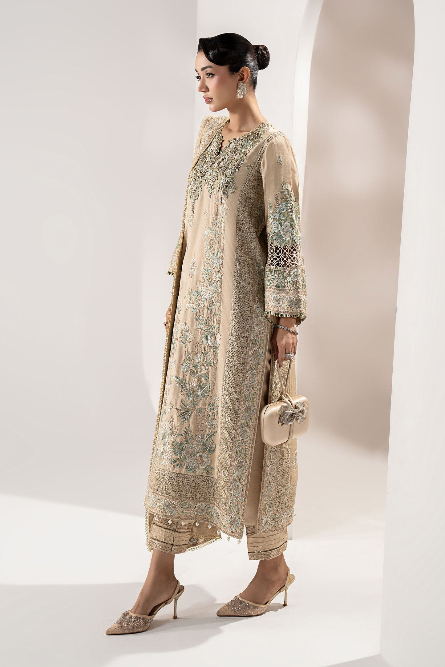 3 Piece Embroidered Raw Silk Suit