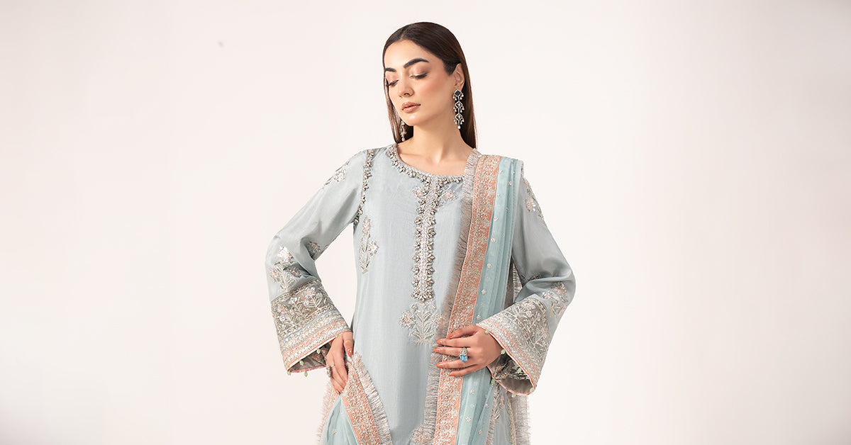 3 Piece Embroidered Raw Silk Suit