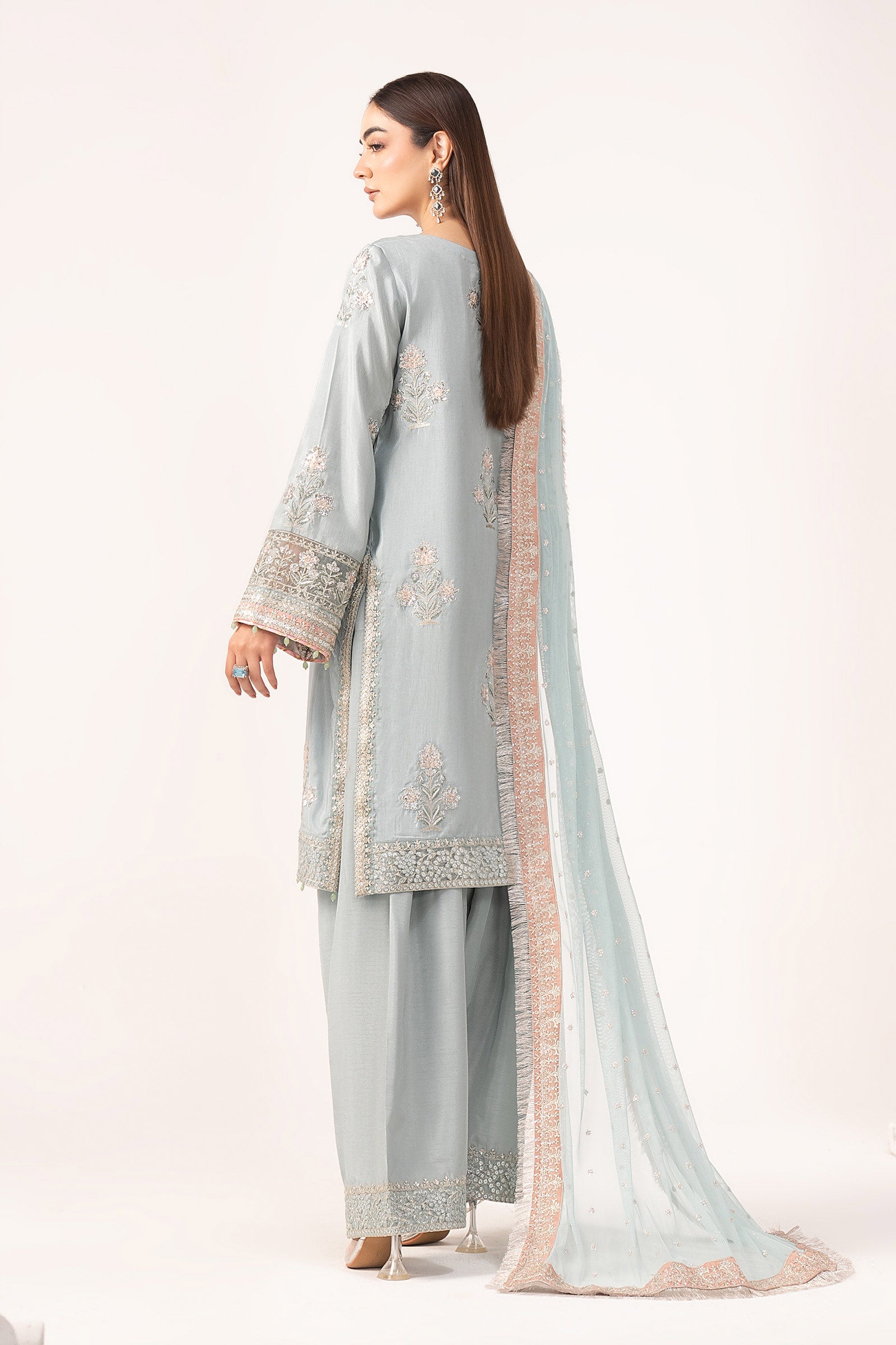 3 Piece Embroidered Raw Silk Suit