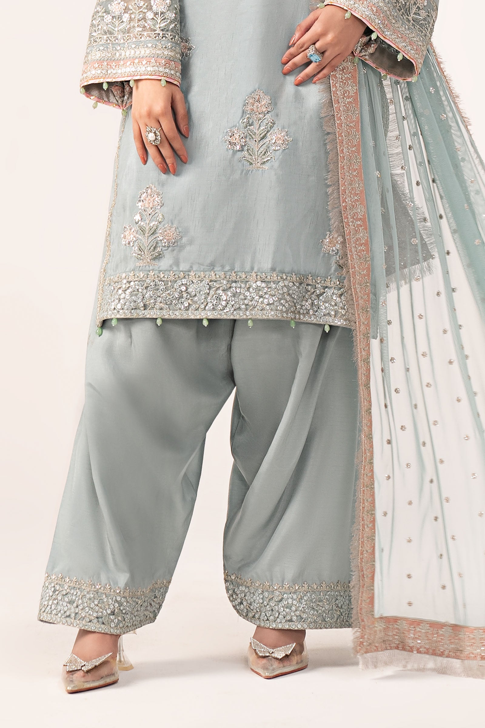 3 Piece Embroidered Raw Silk Suit