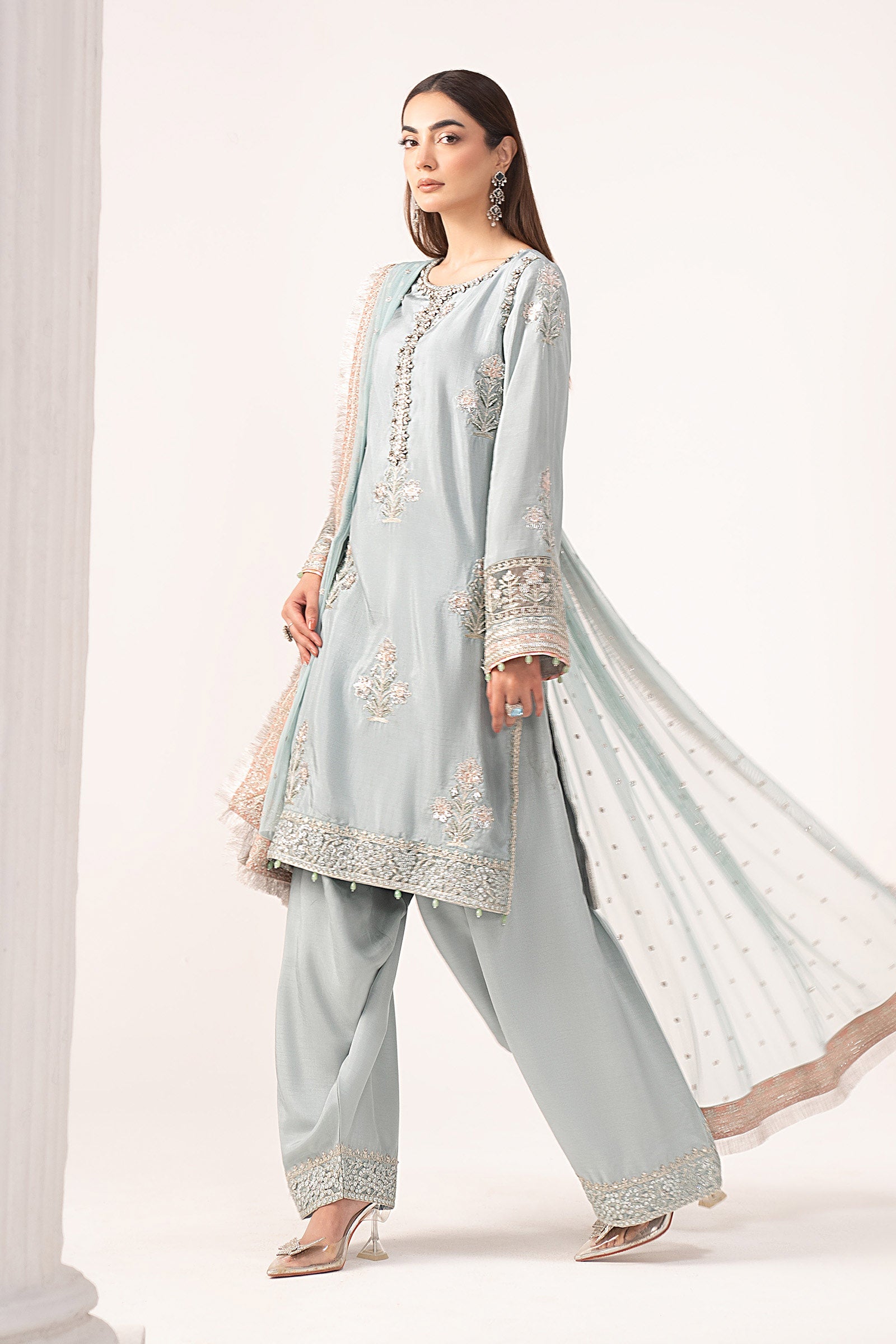 3 Piece Embroidered Raw Silk Suit