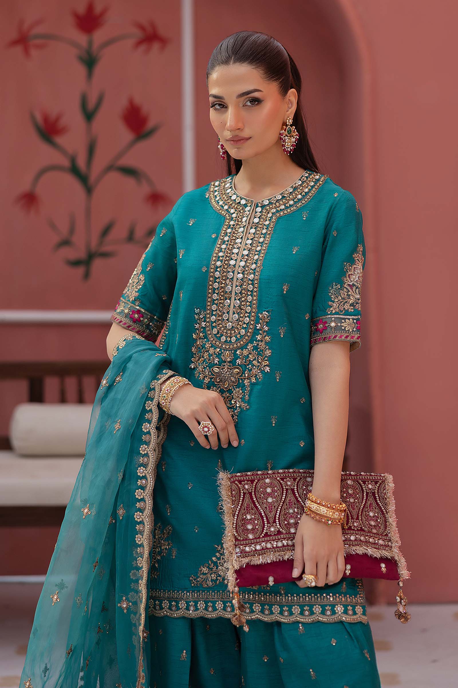 3 Piece Embroidered Raw Silk Suit
