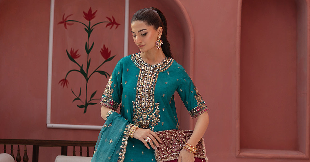3 Piece Embroidered Raw Silk Suit