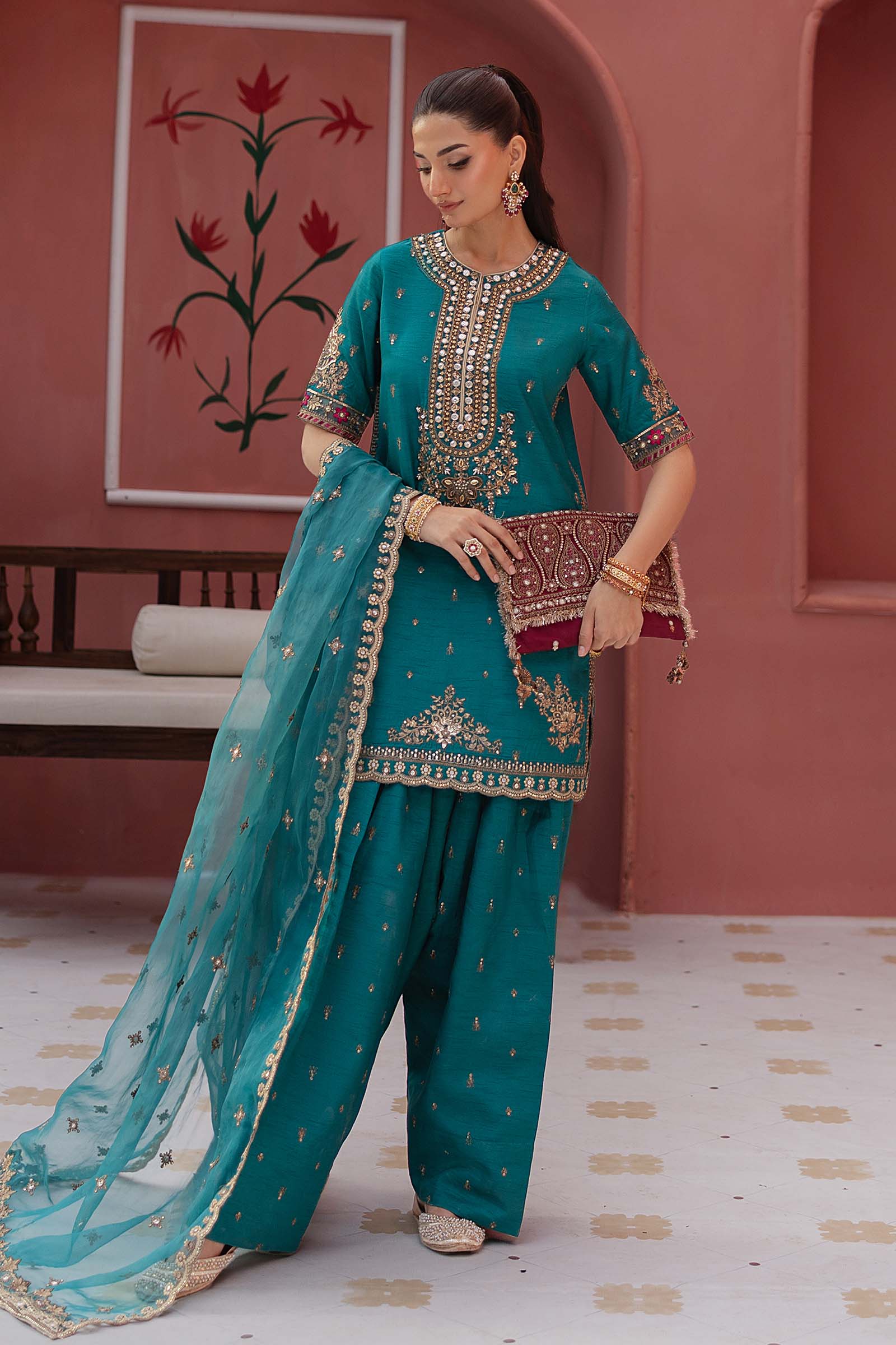 3 Piece Embroidered Raw Silk Suit
