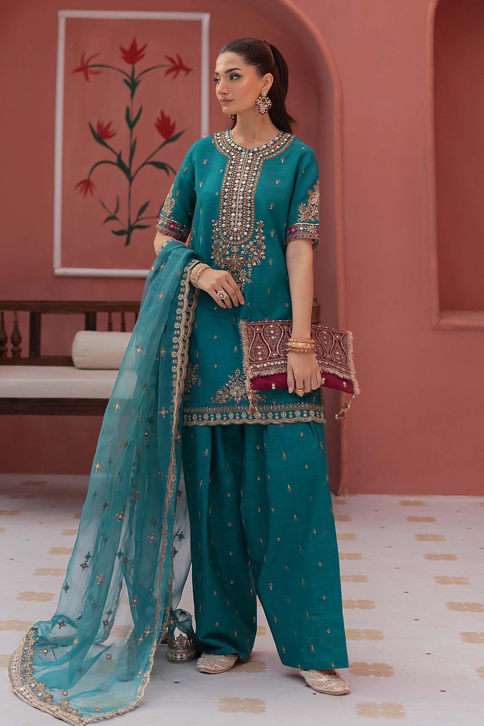 3 Piece Embroidered Raw Silk Suit
