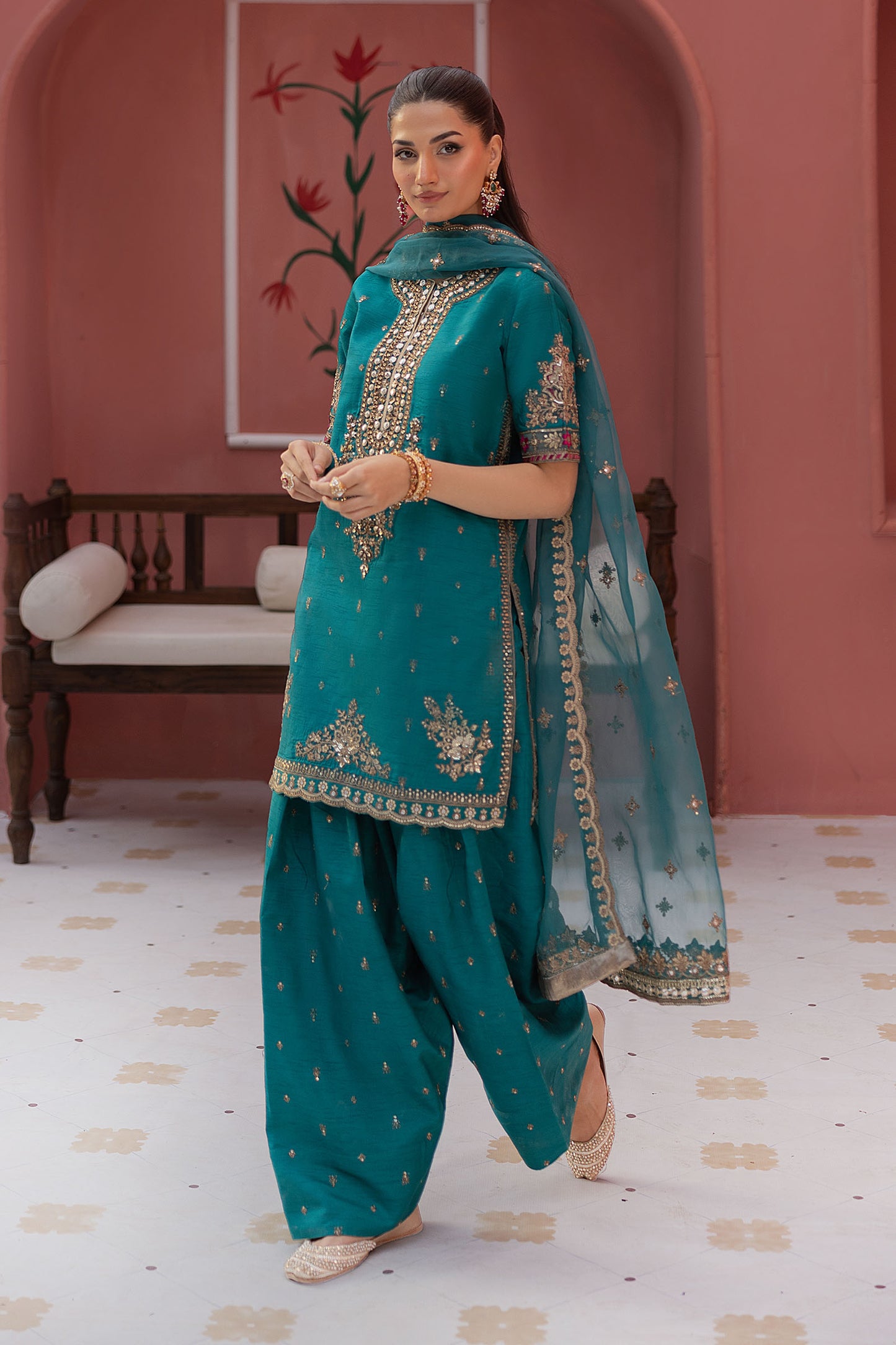 3 Piece Embroidered Raw Silk Suit