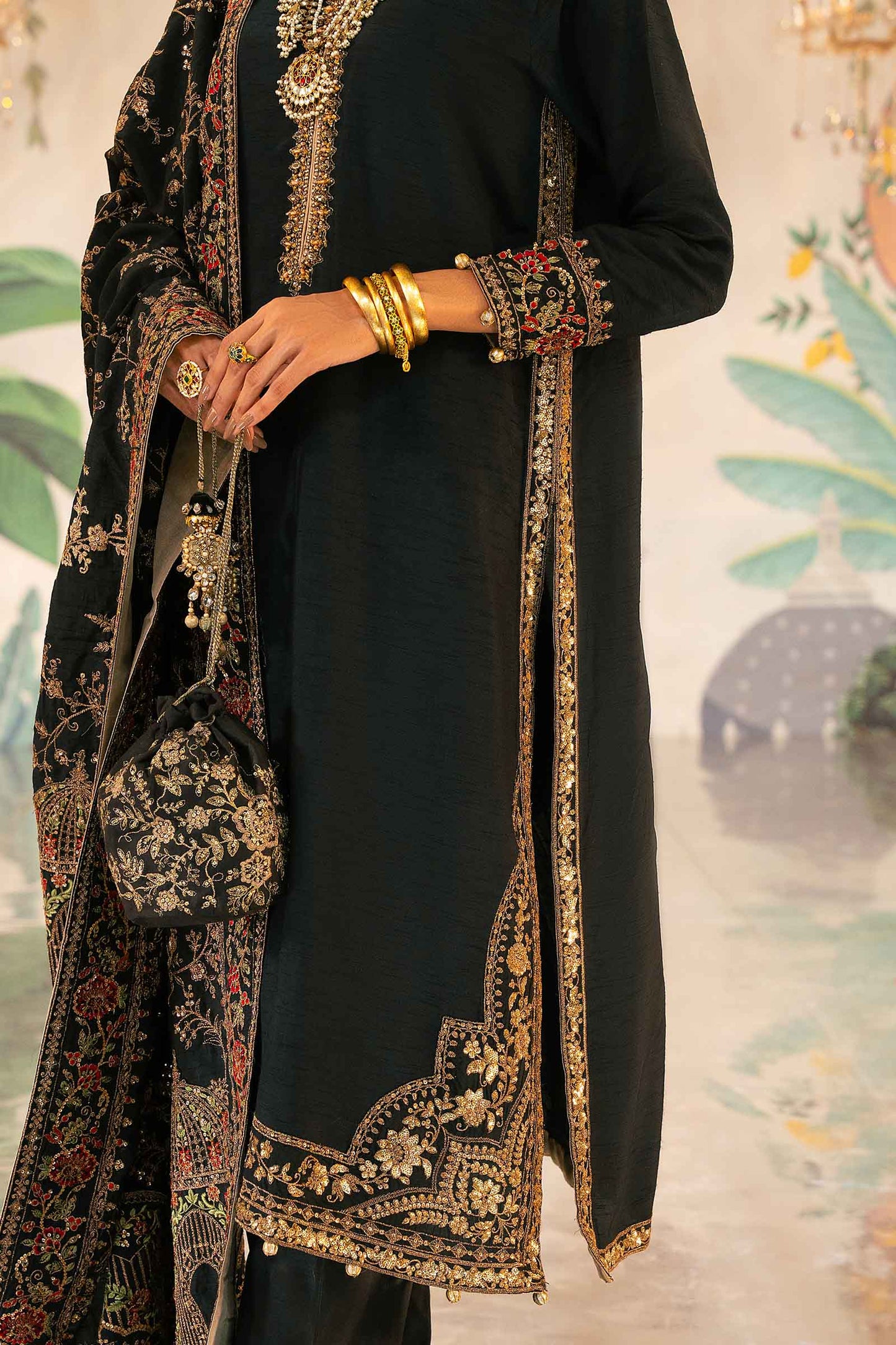 3 Piece Embroidered Raw Silk Suit