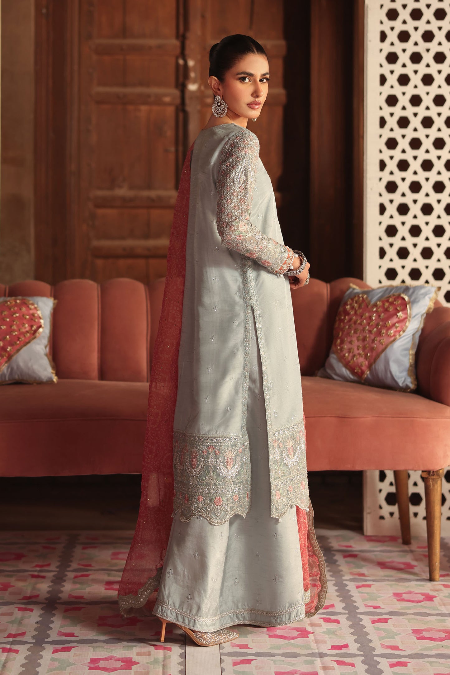 3 Piece Embroidered Raw Silk Suit