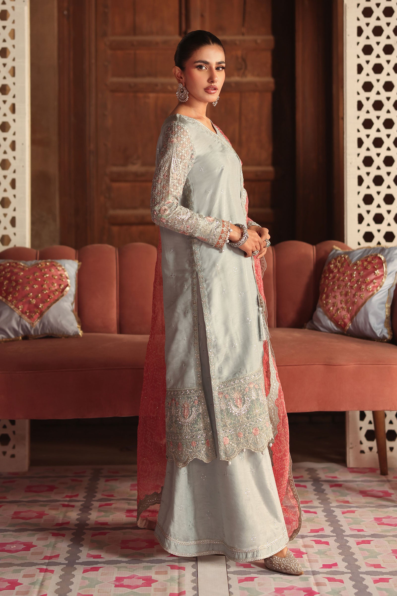 3 Piece Embroidered Raw Silk Suit