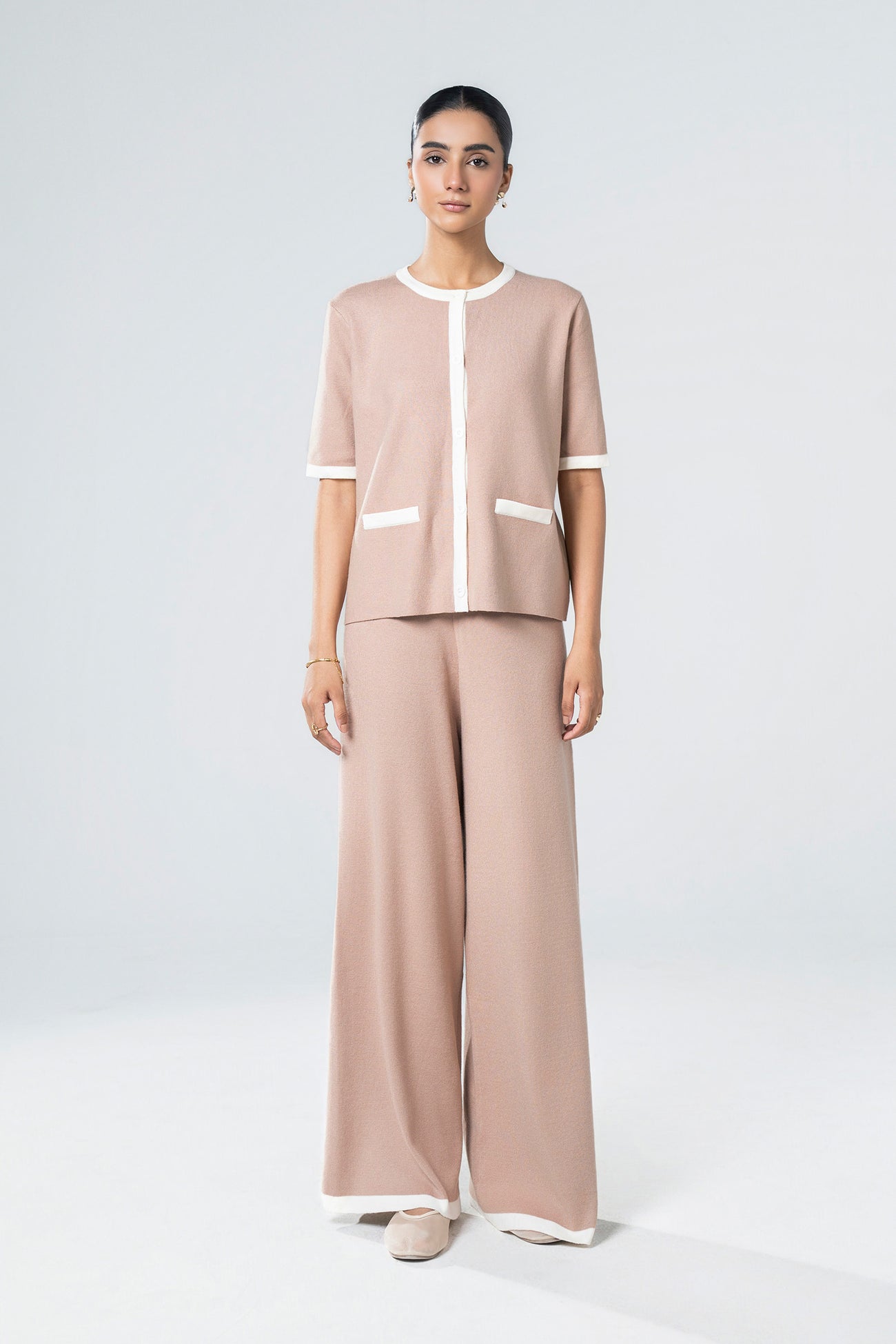 Contrast Piping Sweater Set