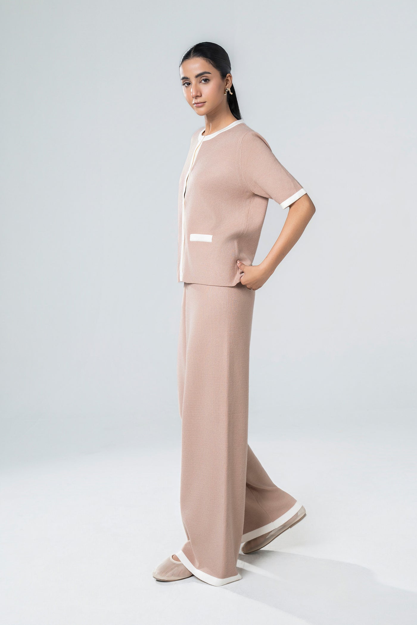 Contrast Piping Sweater Set