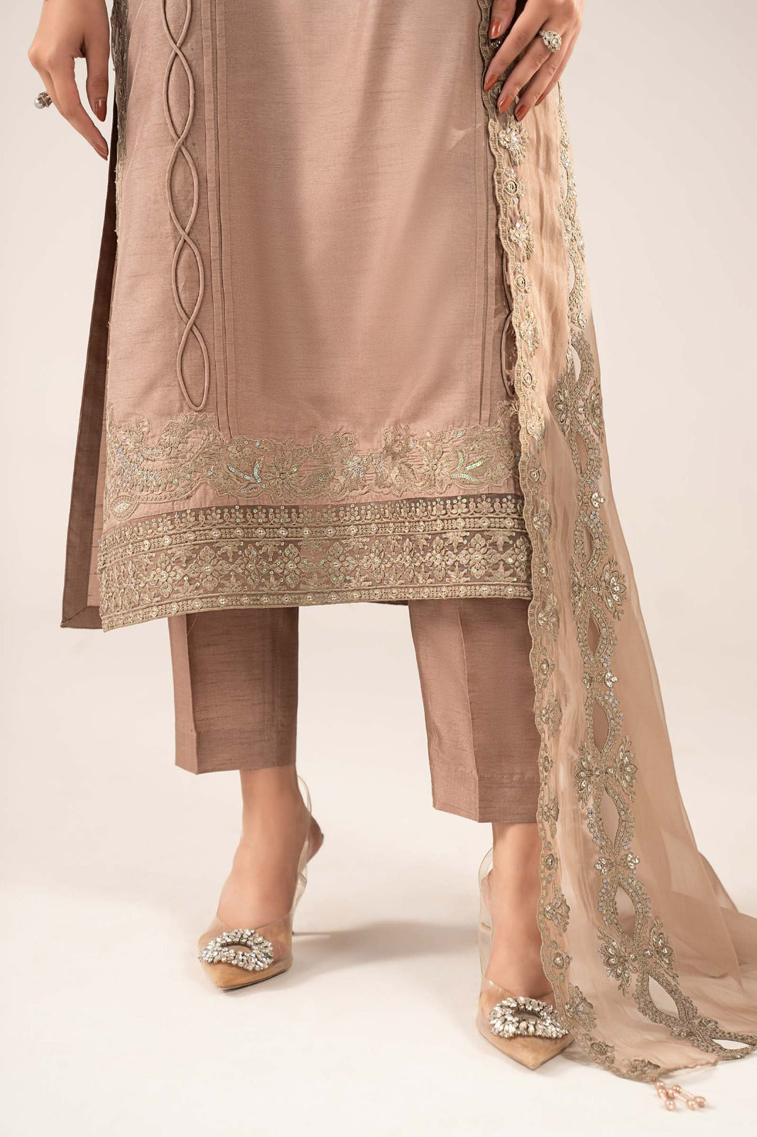 3 Piece Embroidered Raw Silk Suit