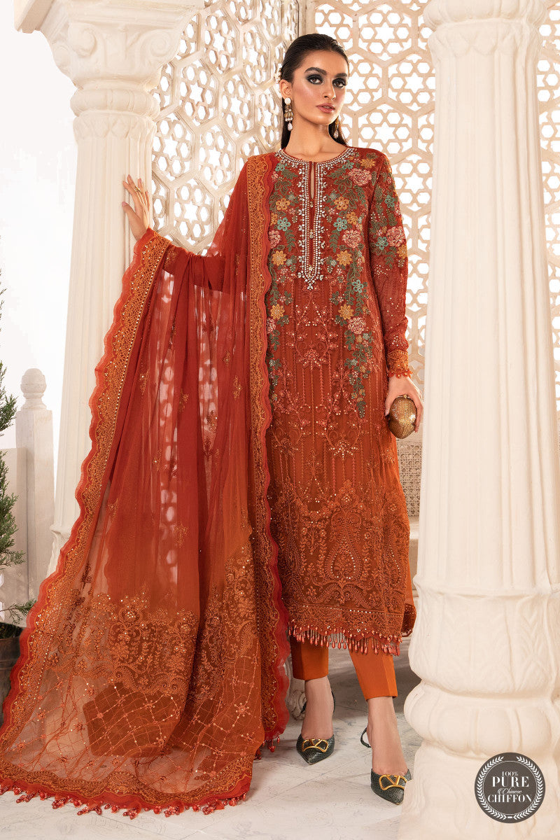 Unstitched Chiffon - MPC-22-205-Burnt Orange and Rust