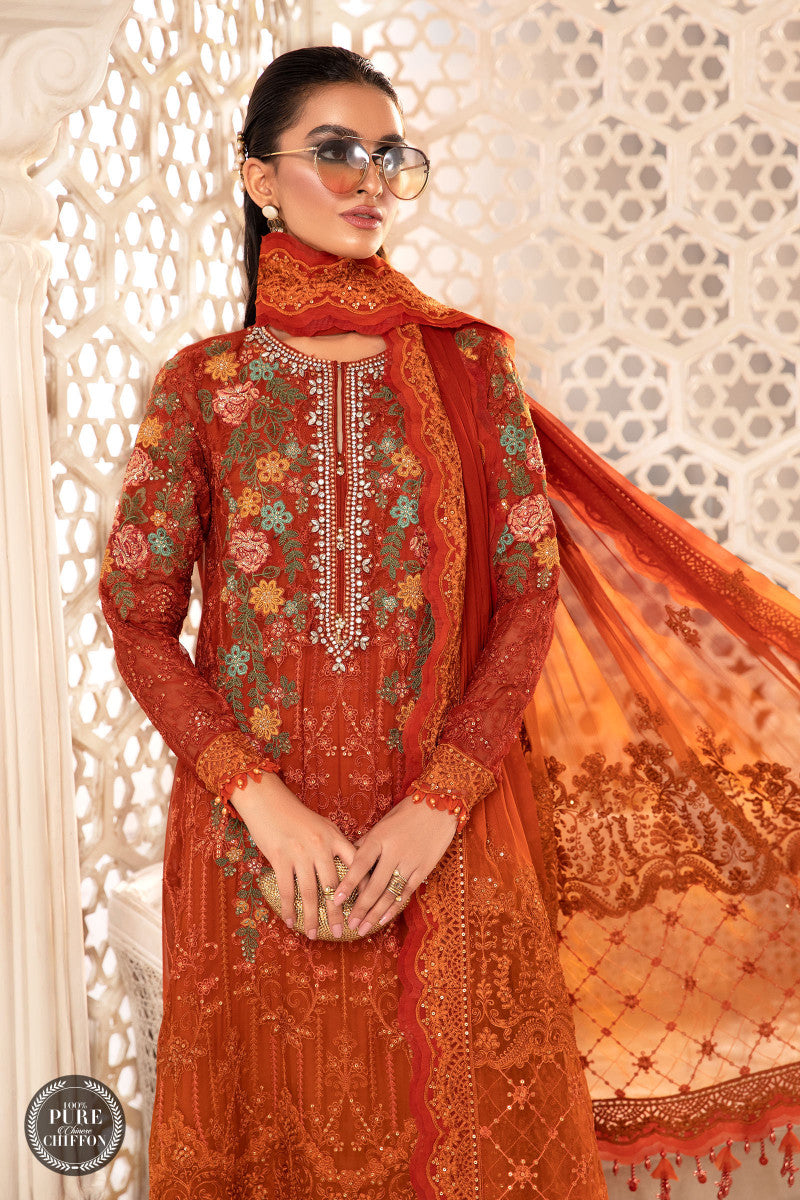 Unstitched Chiffon - MPC-22-205-Burnt Orange and Rust